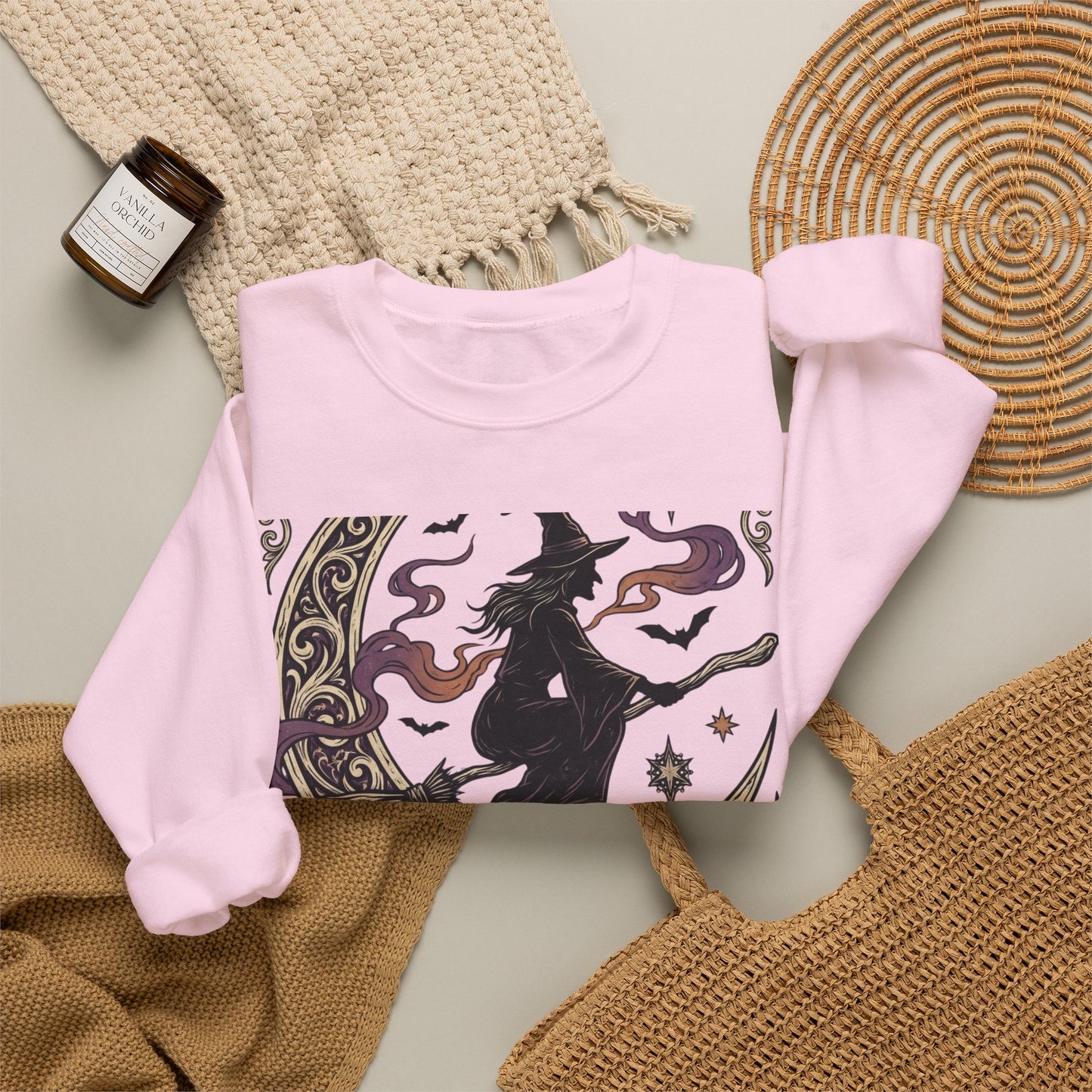Witch Please Crewneck Sweatshirt — 'Magic After Dark' Witch Silhouette on Crescent Moon