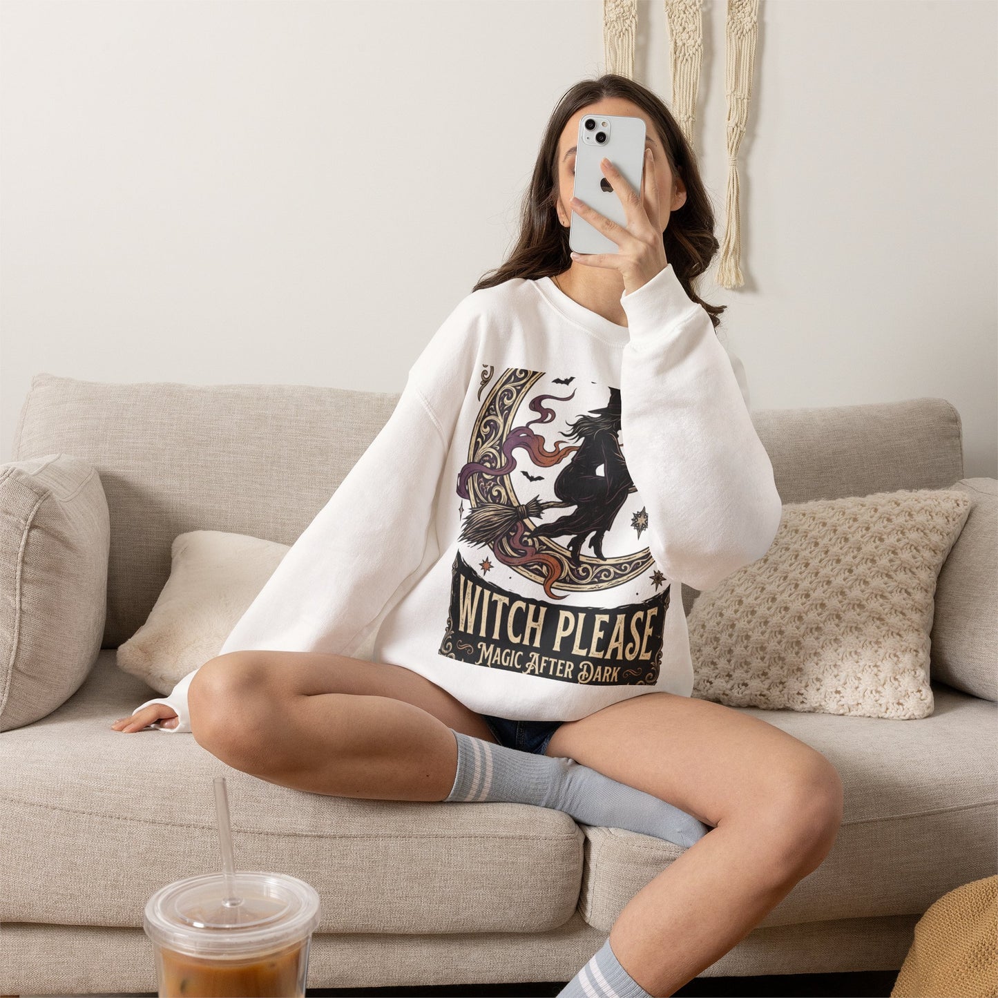 Witch Please Crewneck Sweatshirt — 'Magic After Dark' Witch Silhouette on Crescent Moon