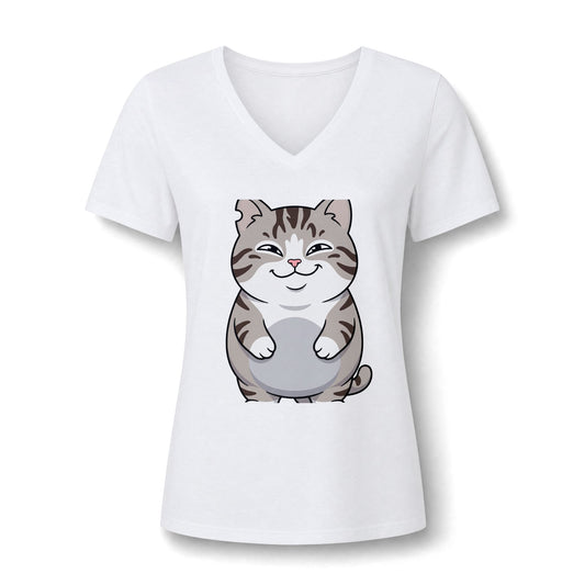 Cute Chubby Cat V-Neck Tee — Women's Cat Lover Shirt