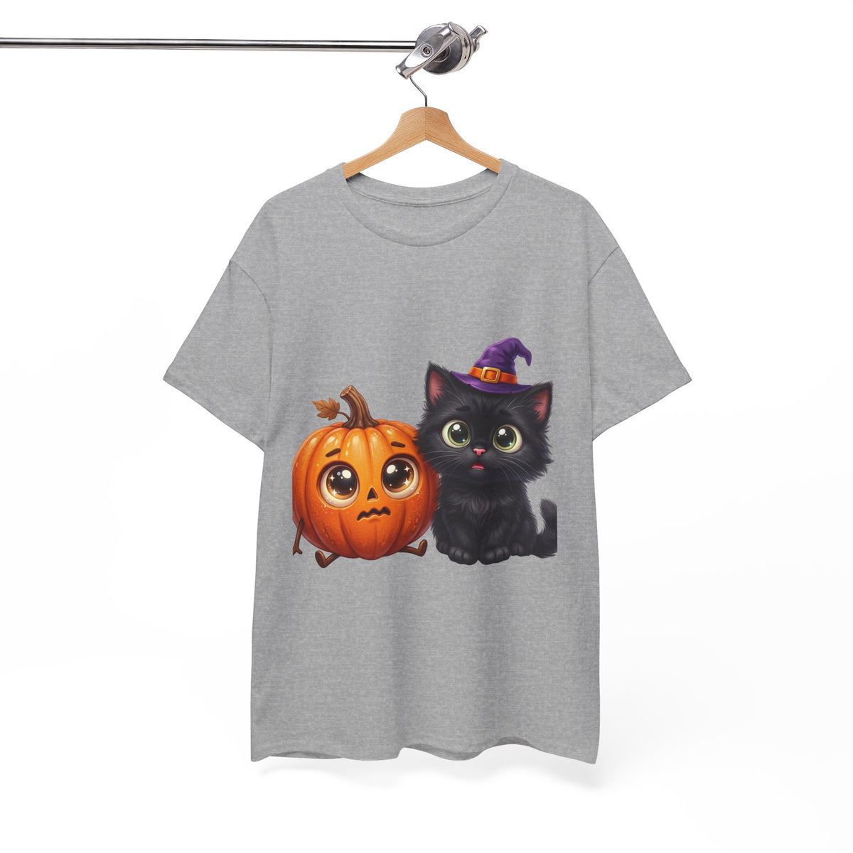 Halloween Black Cat & Pumpkin T‑Shirt — Cute Witch Hat Kitty Fall Tee
