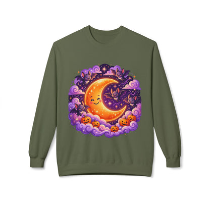 Halloween Moon Crewneck Sweatshirt — Cute Smiling Moon, Pumpkins & Bats Pullover