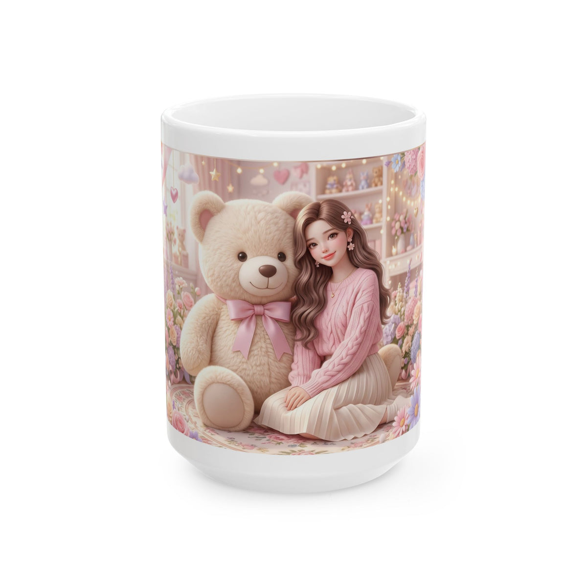 Cute Girl & Teddy Bear Floral Ceramic Mug (11oz, 15oz)