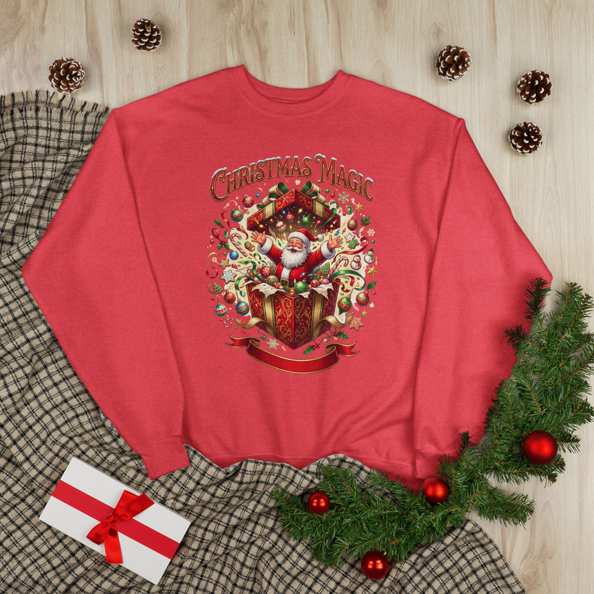 Christmas Magic Crewneck Sweatshirt — Santa Gift Box Holiday Pullover