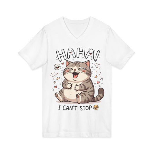 Funny Laughing Cat V-Neck Tee — "HAHA! I Can't Stop" Cute Graphic Shirt