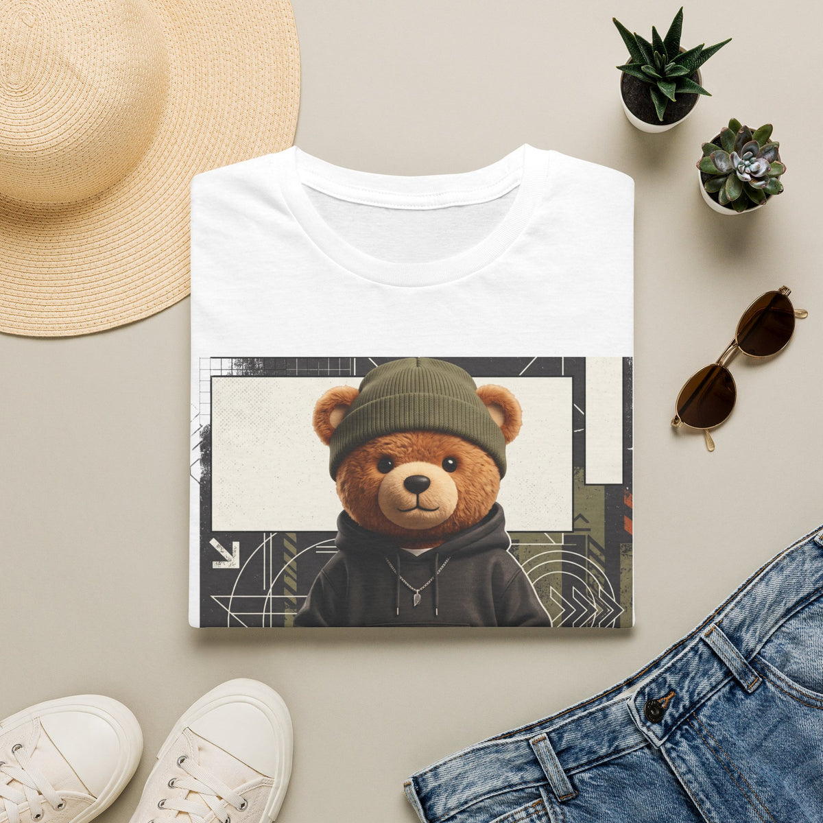Teddy Bear Graphic T-Shirt — Streetwear Teddy in Beanie & Hoodie