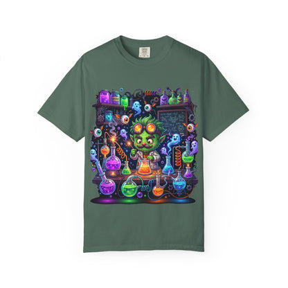 Mad Scientist Cat Lab T-Shirt — Neon Potion Halloween Tee