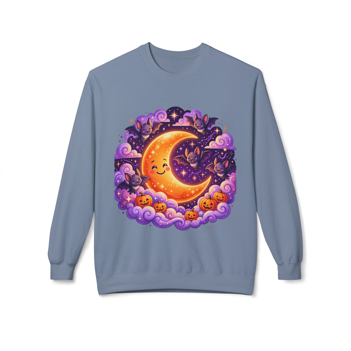 Halloween Moon Crewneck Sweatshirt — Cute Smiling Moon, Pumpkins & Bats Pullover