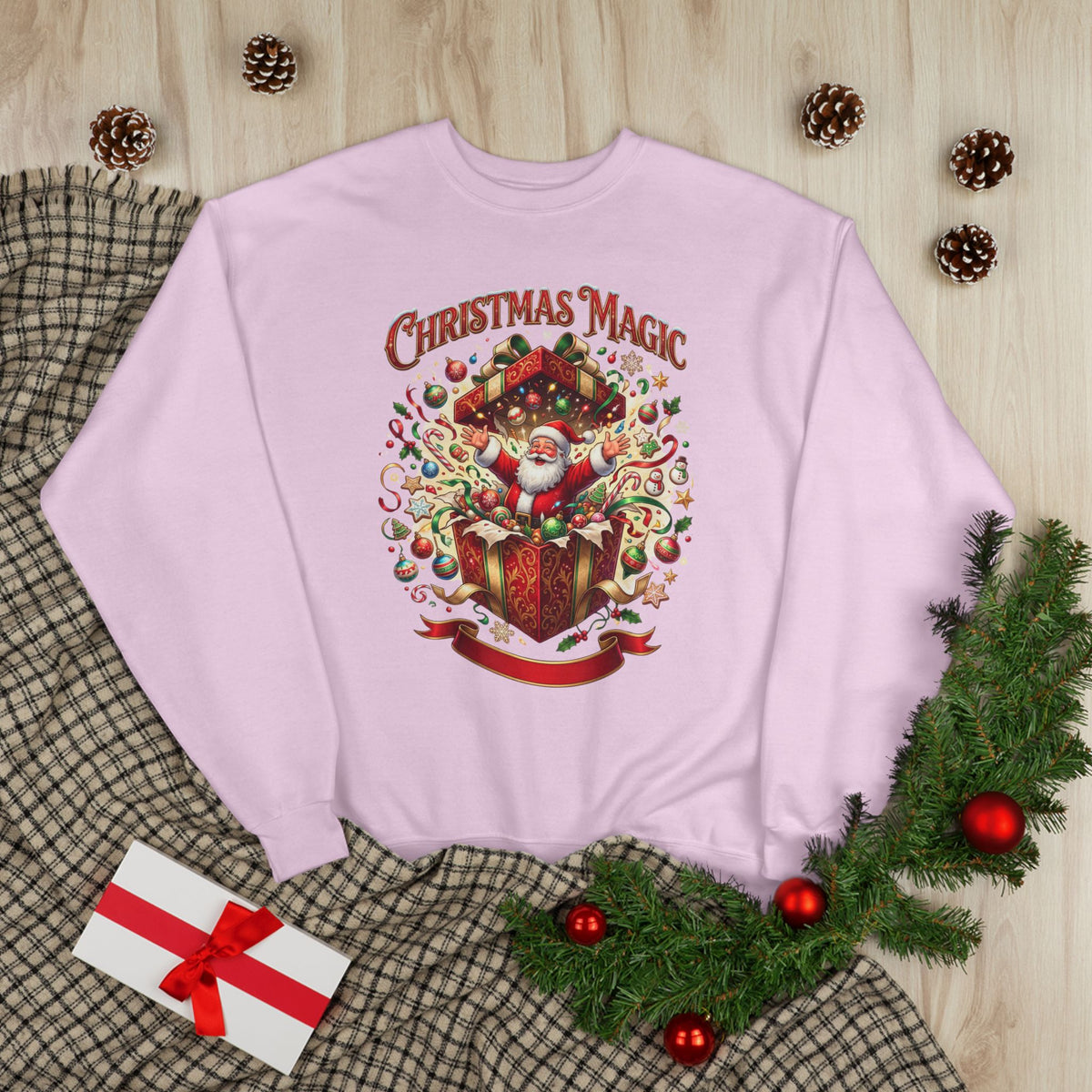 Christmas Magic Crewneck Sweatshirt — Santa Gift Box Holiday Pullover