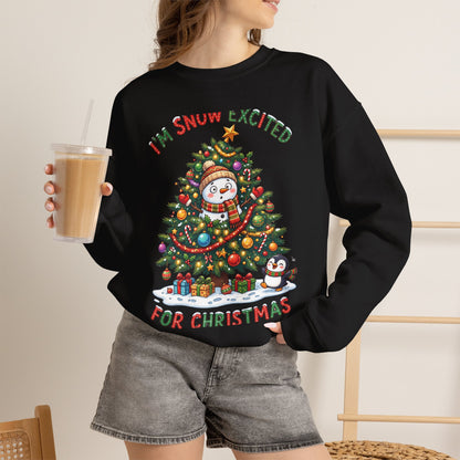 Christmas Sweatshirt – "I’m Snow Excited for Christmas" Cute Snowman Tree Holiday Crewneck