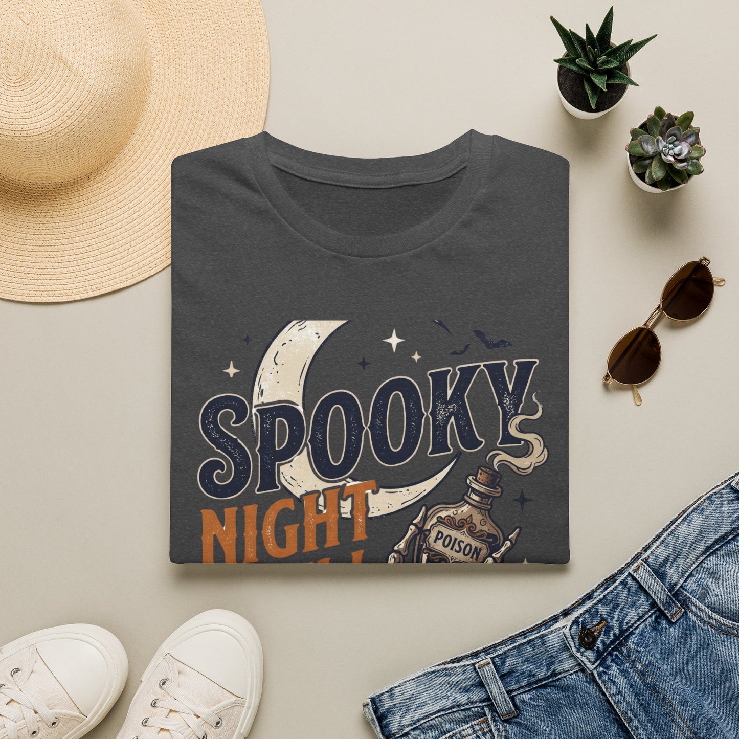 Spooky Night Crew T-Shirt — Halloween Moon, Skeleton & Pumpkins Tee