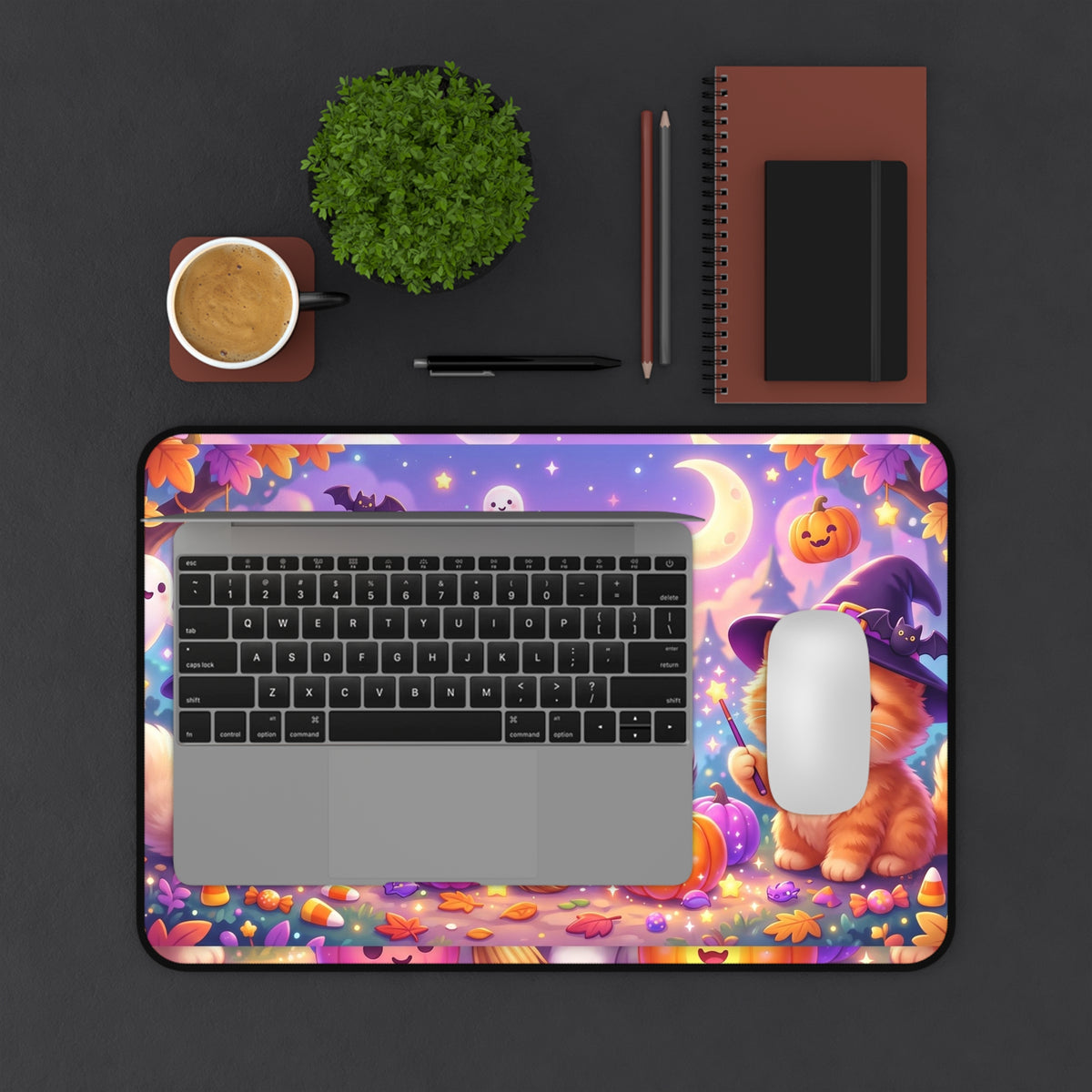 Halloween Kittens Desk Mat — Cute Witch Cat Pumpkins Gaming Mouse Pad