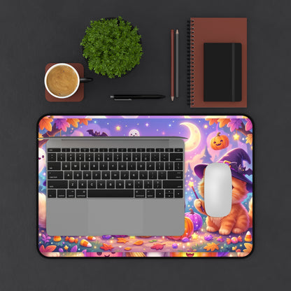 Halloween Kittens Desk Mat — Cute Witch Cat Pumpkins Gaming Mouse Pad