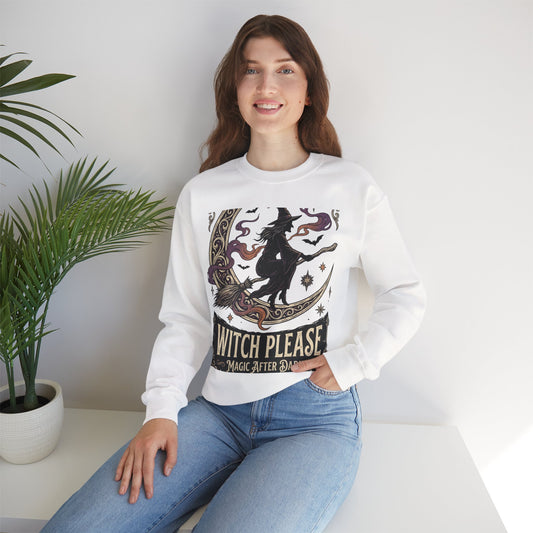 Witch Please Crewneck Sweatshirt — 'Magic After Dark' Witch Silhouette on Crescent Moon