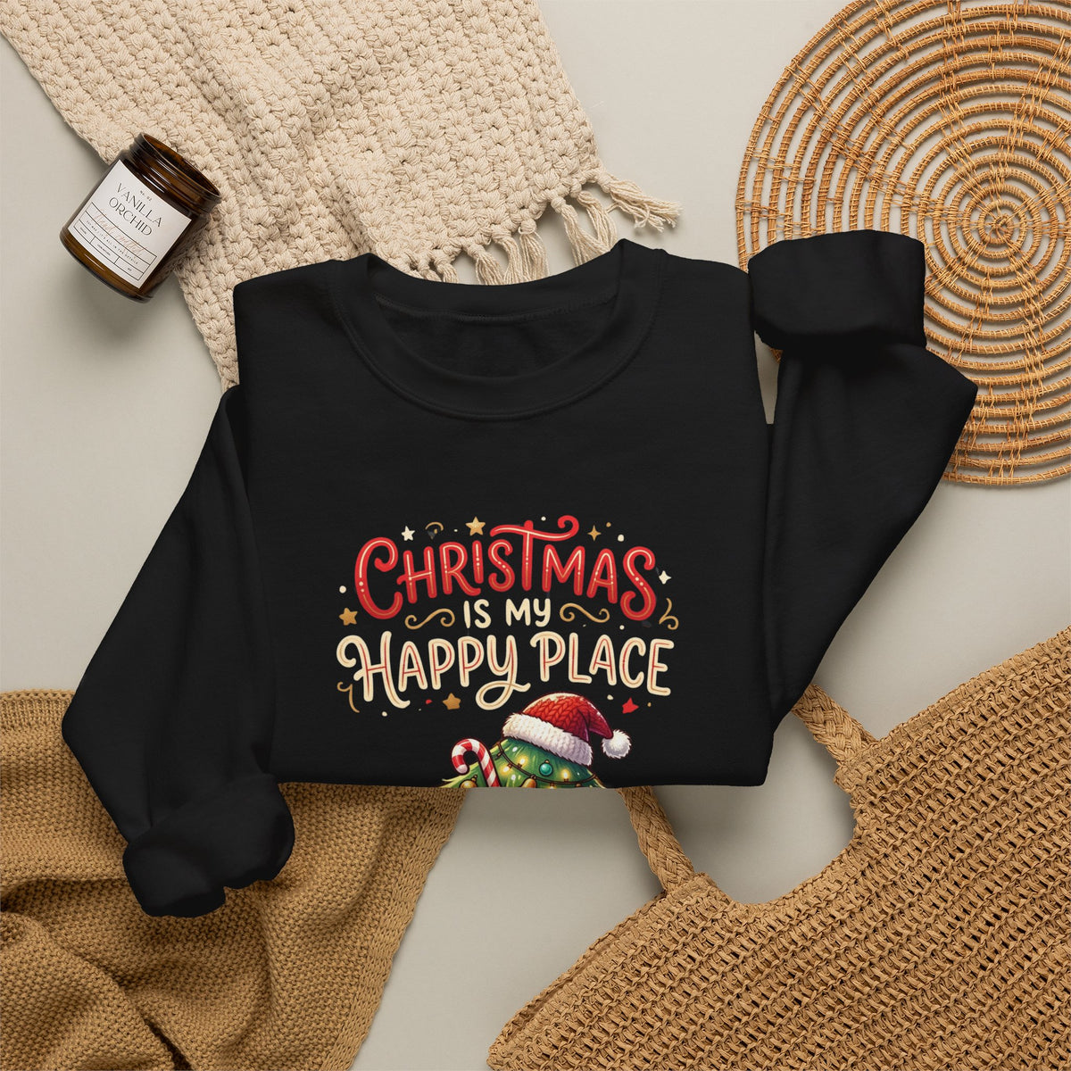 Christmas Happy Place Crewneck Sweatshirt — Cute Kawaii Tree & Gifts Holiday Sweatshirt