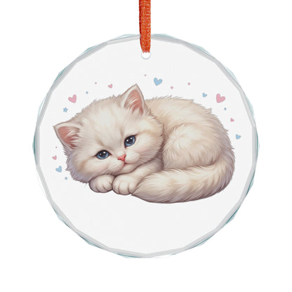 Glass Ornament — Cute Sleeping Kitten Holiday Ornament (Hearts)