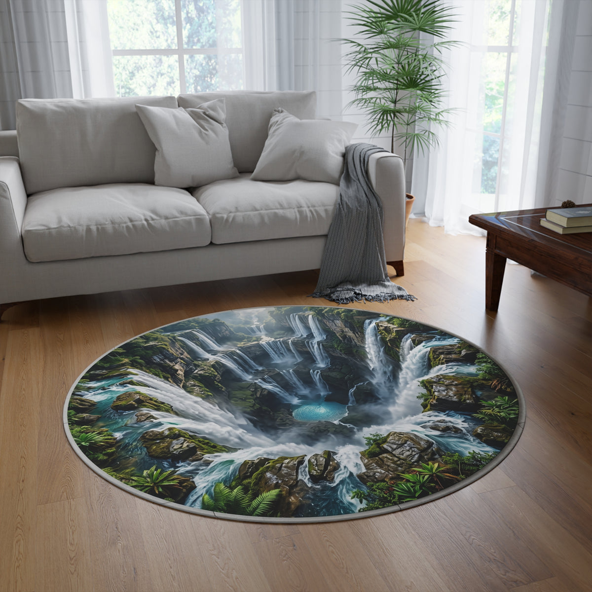 Waterfall Oasis Round Rug – Lush Jungle Cascade Floor Decor