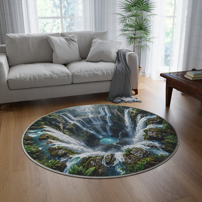 Waterfall Oasis Round Rug – Lush Jungle Cascade Floor Decor