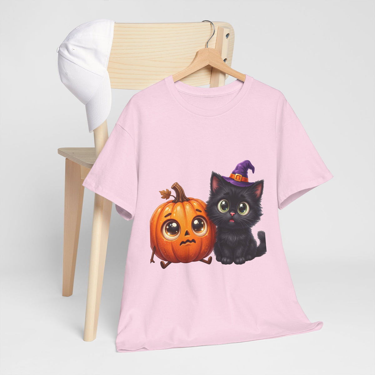 Halloween Black Cat & Pumpkin T‑Shirt — Cute Witch Hat Kitty Fall Tee