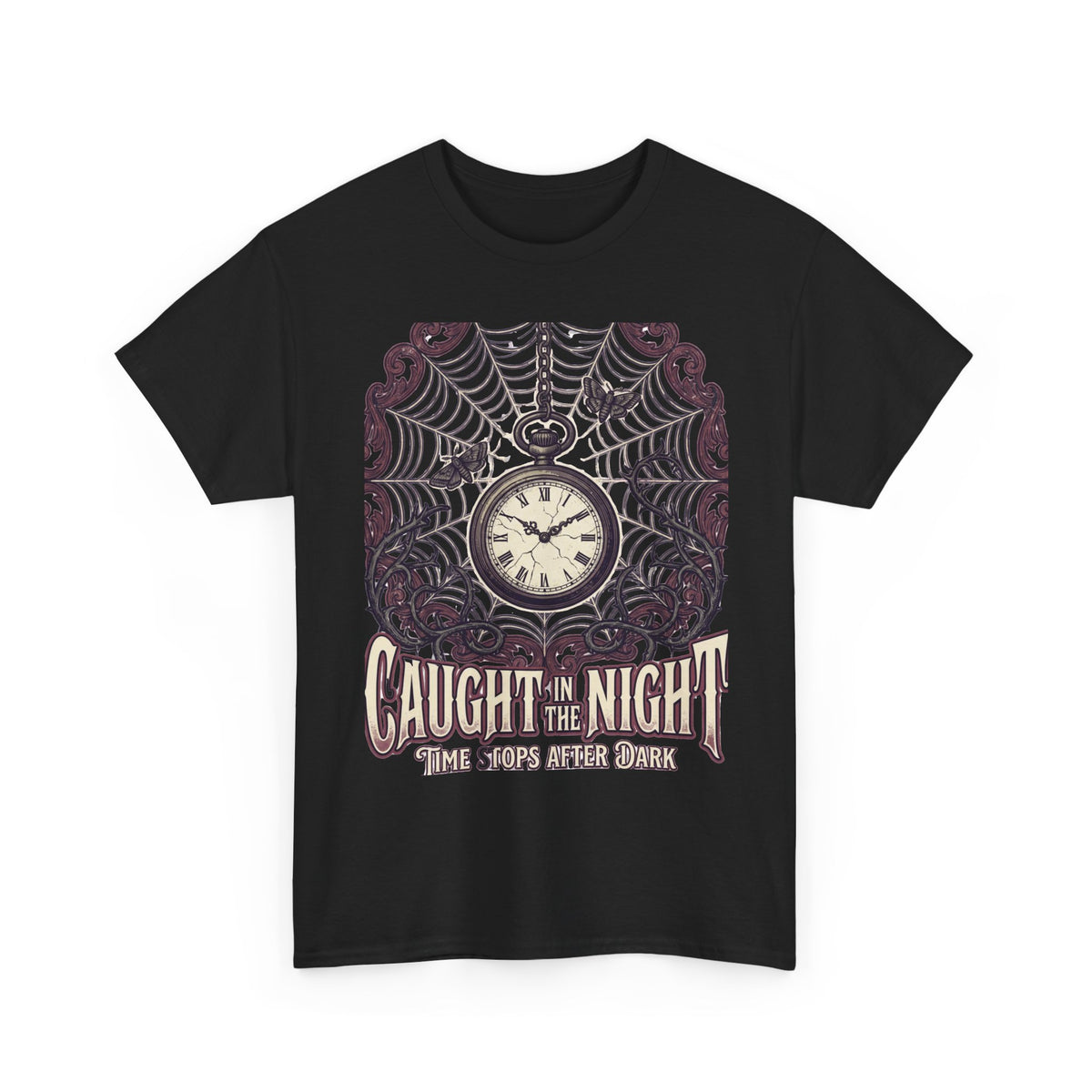 Caught in the Night Pocket Watch Tee — Gothic Spiderweb Vintage Clock T‑Shirt
