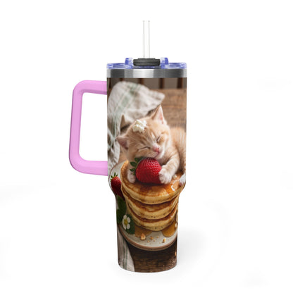 40oz Cat Pancake Thermal Tumbler with Straw