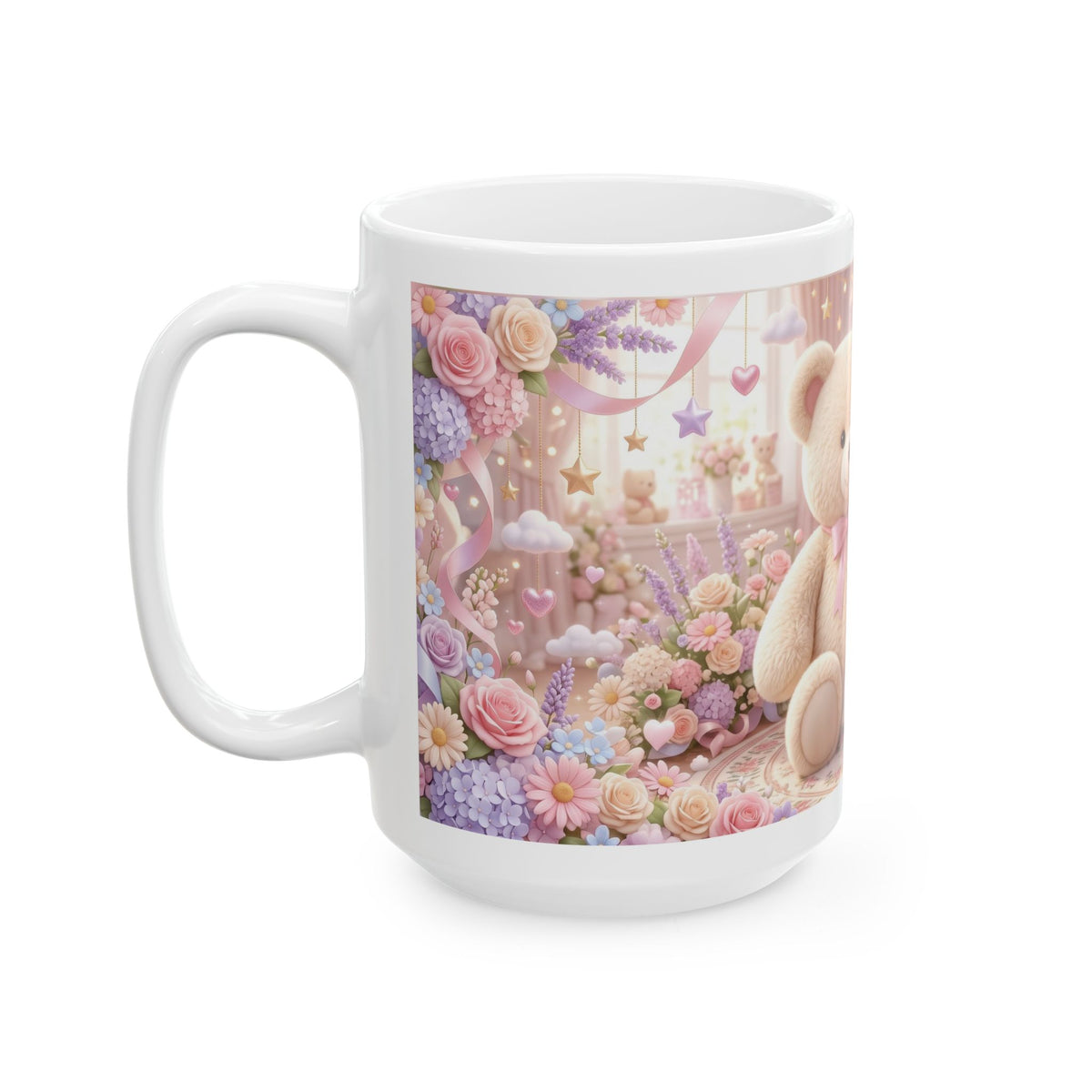 Cute Girl & Teddy Bear Floral Ceramic Mug (11oz, 15oz)