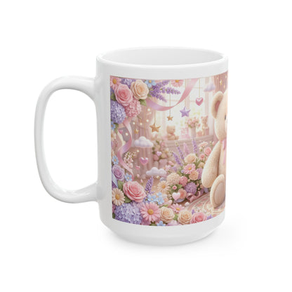 Cute Girl & Teddy Bear Floral Ceramic Mug (11oz, 15oz)