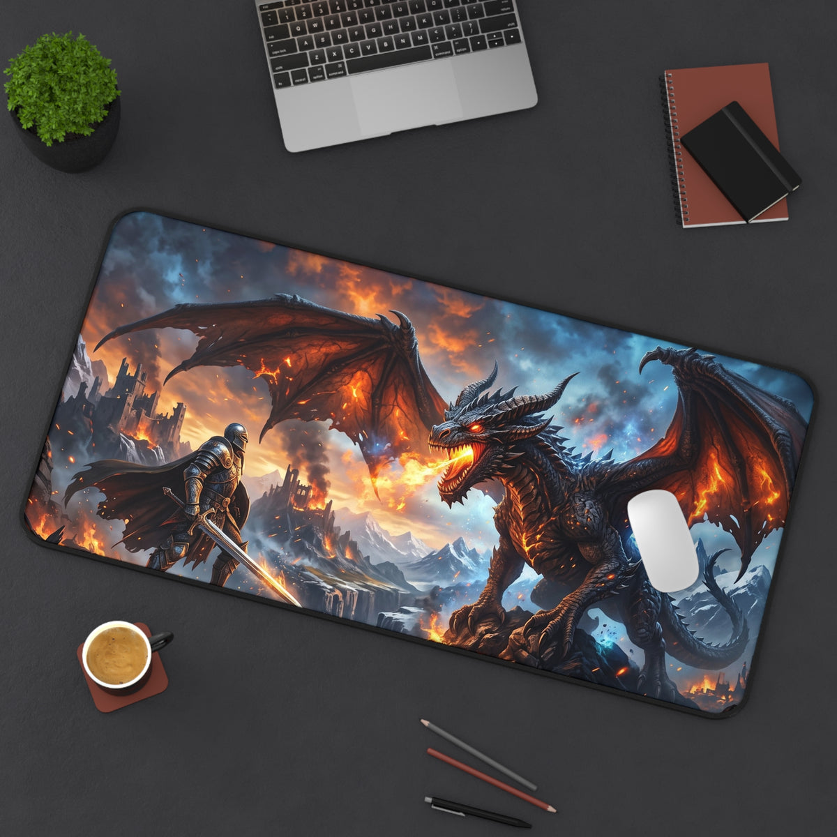 Dragon Battle Desk Mat — Fantasy Warrior vs. Fire Dragon Gaming Mouse Pad