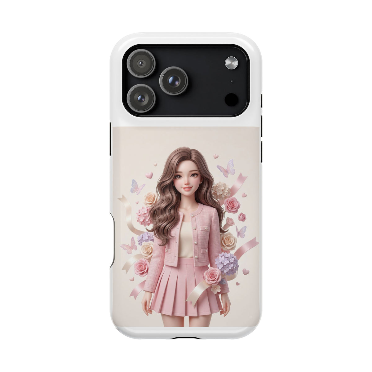 Cute Pink Doll Phone Case — Floral Butterfly Magnetic Impact-Resistant Case