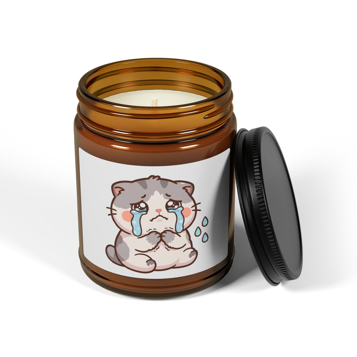 Crying Kawaii Cat Soy Candle — Amber Jar Scented Candle