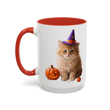 Halloween Cat Coffee Mug with Witch Hat and Pumpkin