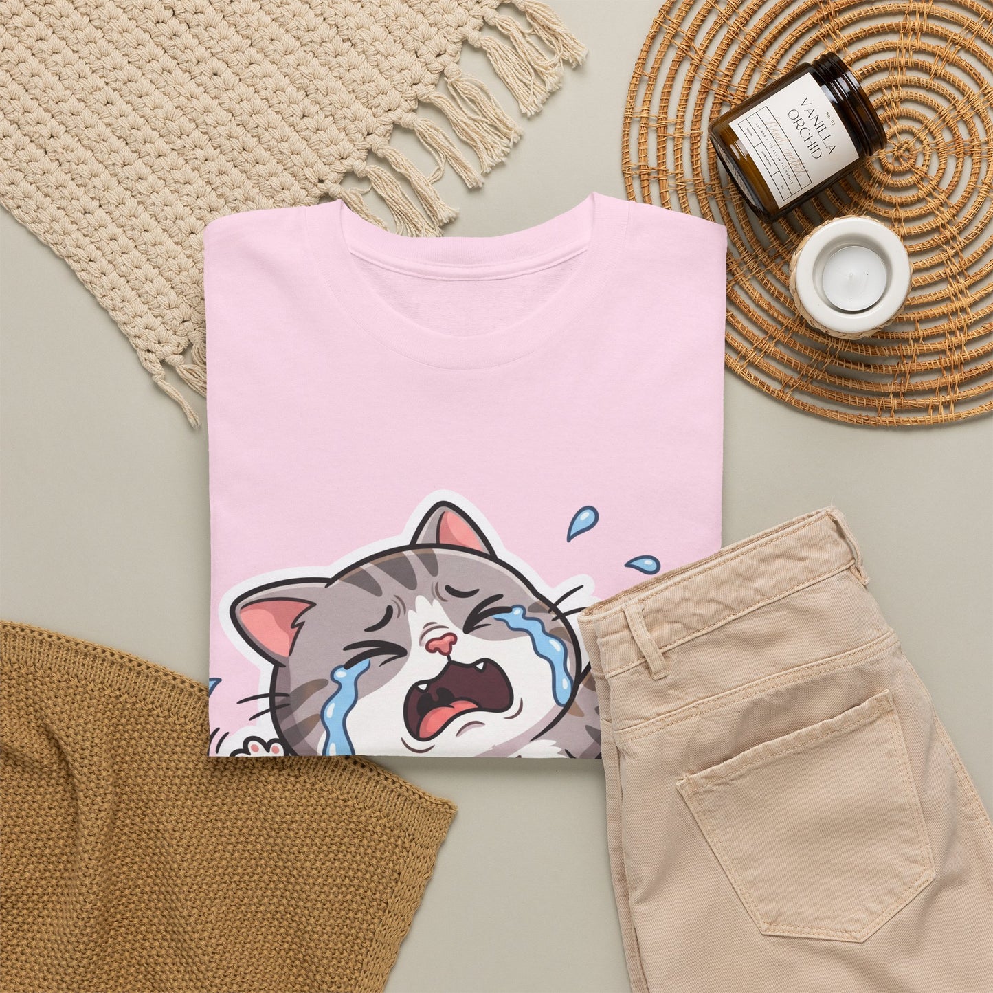 Crying Cartoon Cat T-Shirt — Cute Kawaii Kitten Graphic Tee