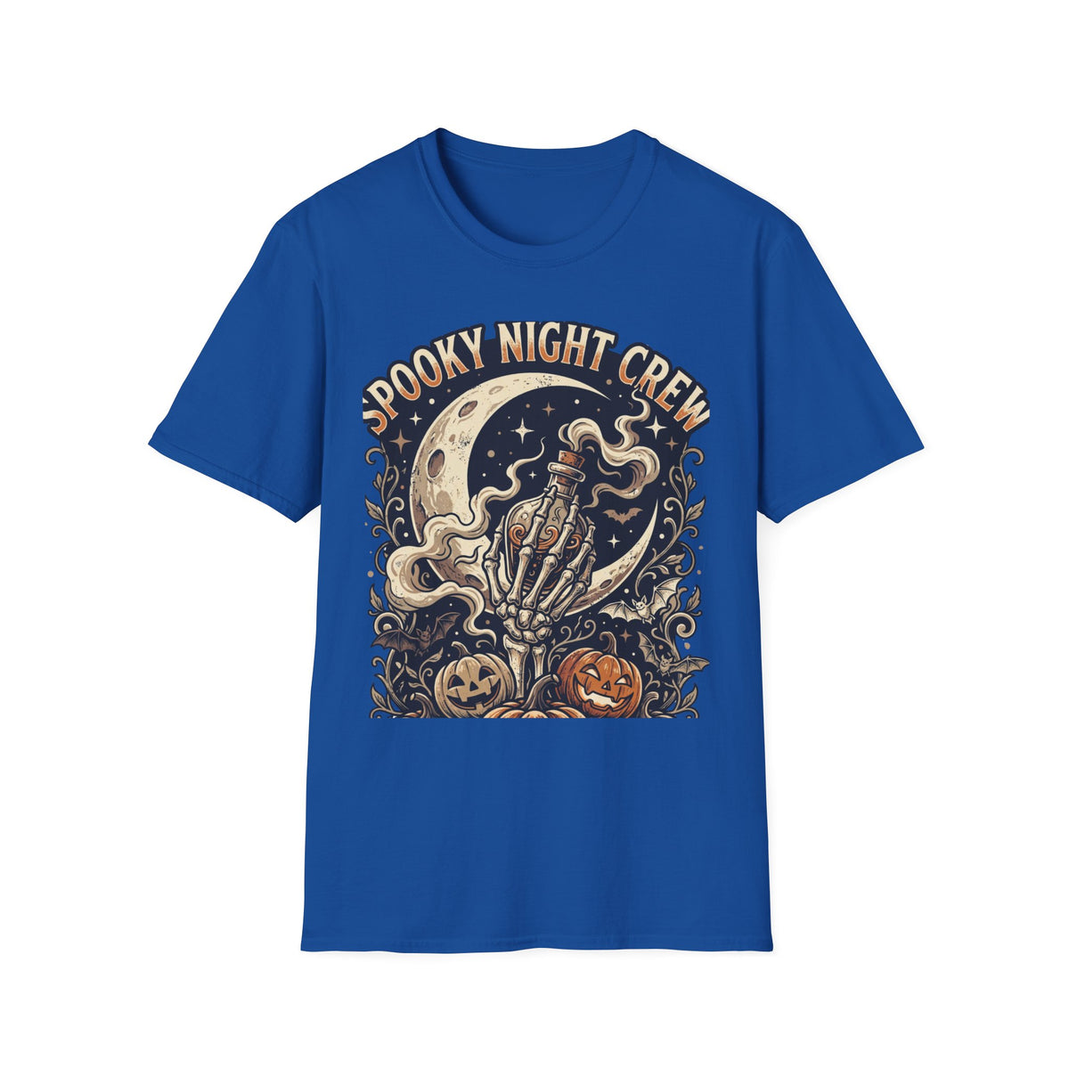 Spooky Night Crew T-Shirt — Vintage Halloween Moon & Skeleton Graphic