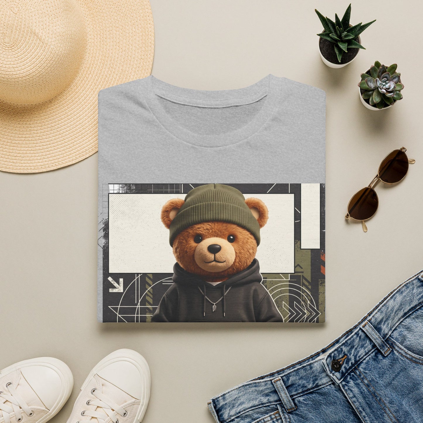 Teddy Bear Graphic T-Shirt — Streetwear Teddy in Beanie & Hoodie