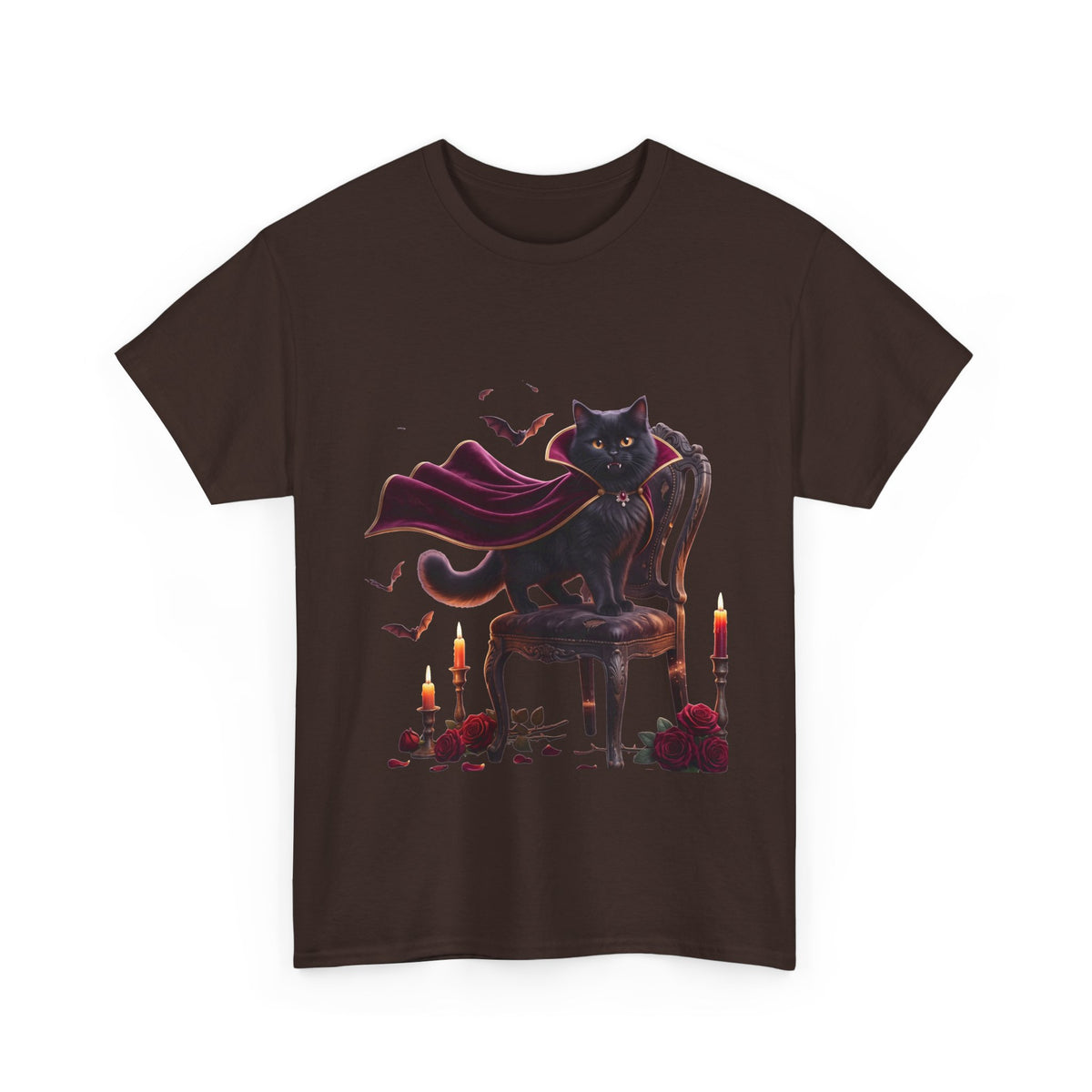 Vampire Cat Tee — Gothic Black Cat with Cape & Candles T-Shirt