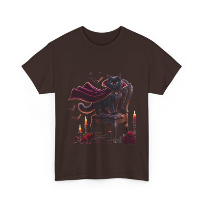Vampire Cat Tee — Gothic Black Cat with Cape & Candles T-Shirt