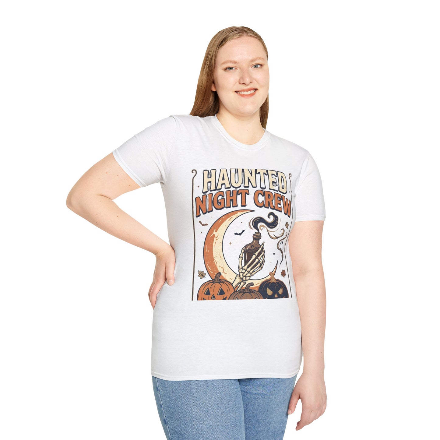 Haunted Night Crew T-Shirt — Retro Halloween Skeleton & Pumpkin Tee