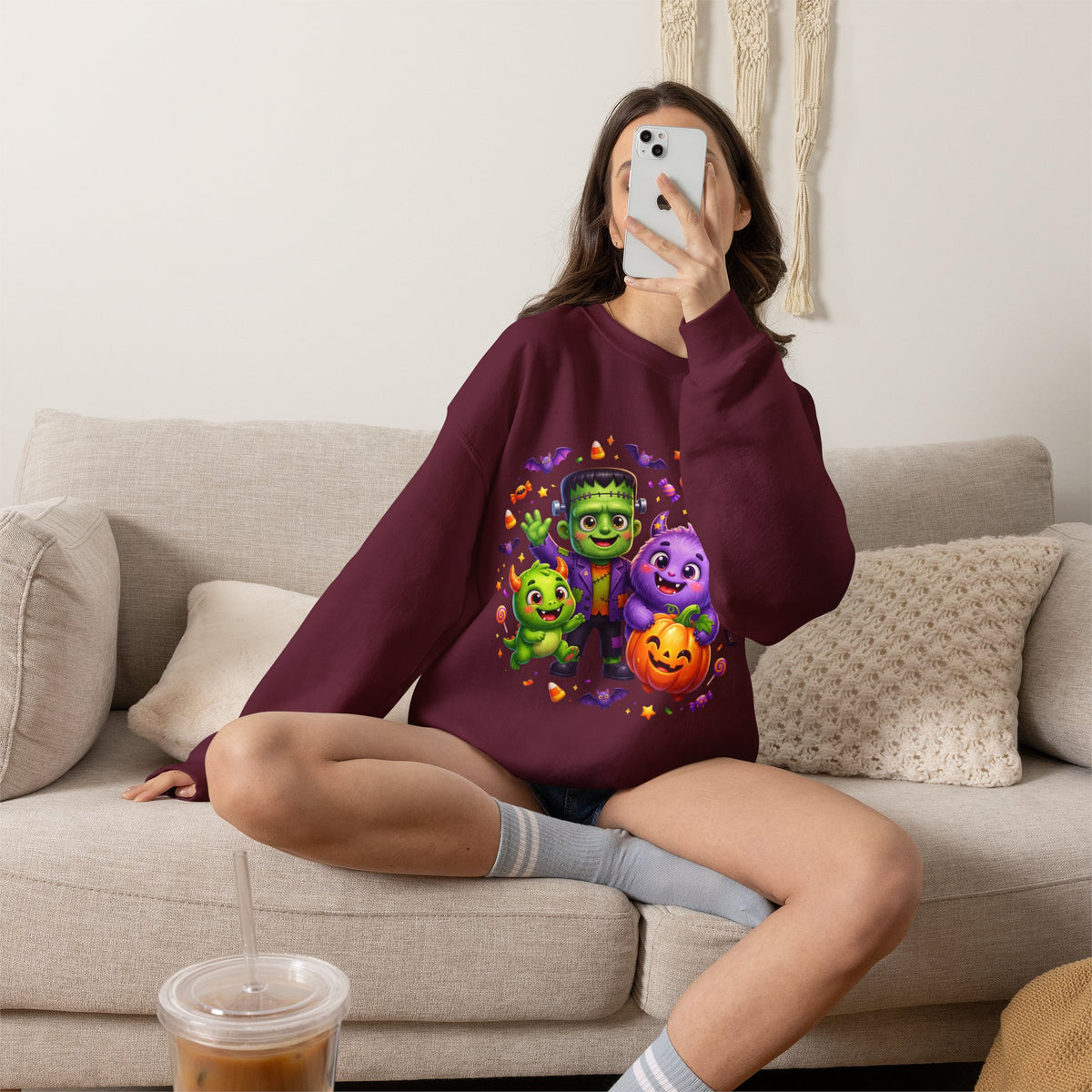 Halloween Monster Crewneck Sweatshirt — Cute Frankenstein, Vampire & Pumpkin Design