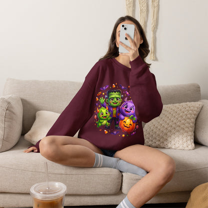 Halloween Monster Crewneck Sweatshirt — Cute Frankenstein, Vampire & Pumpkin Design