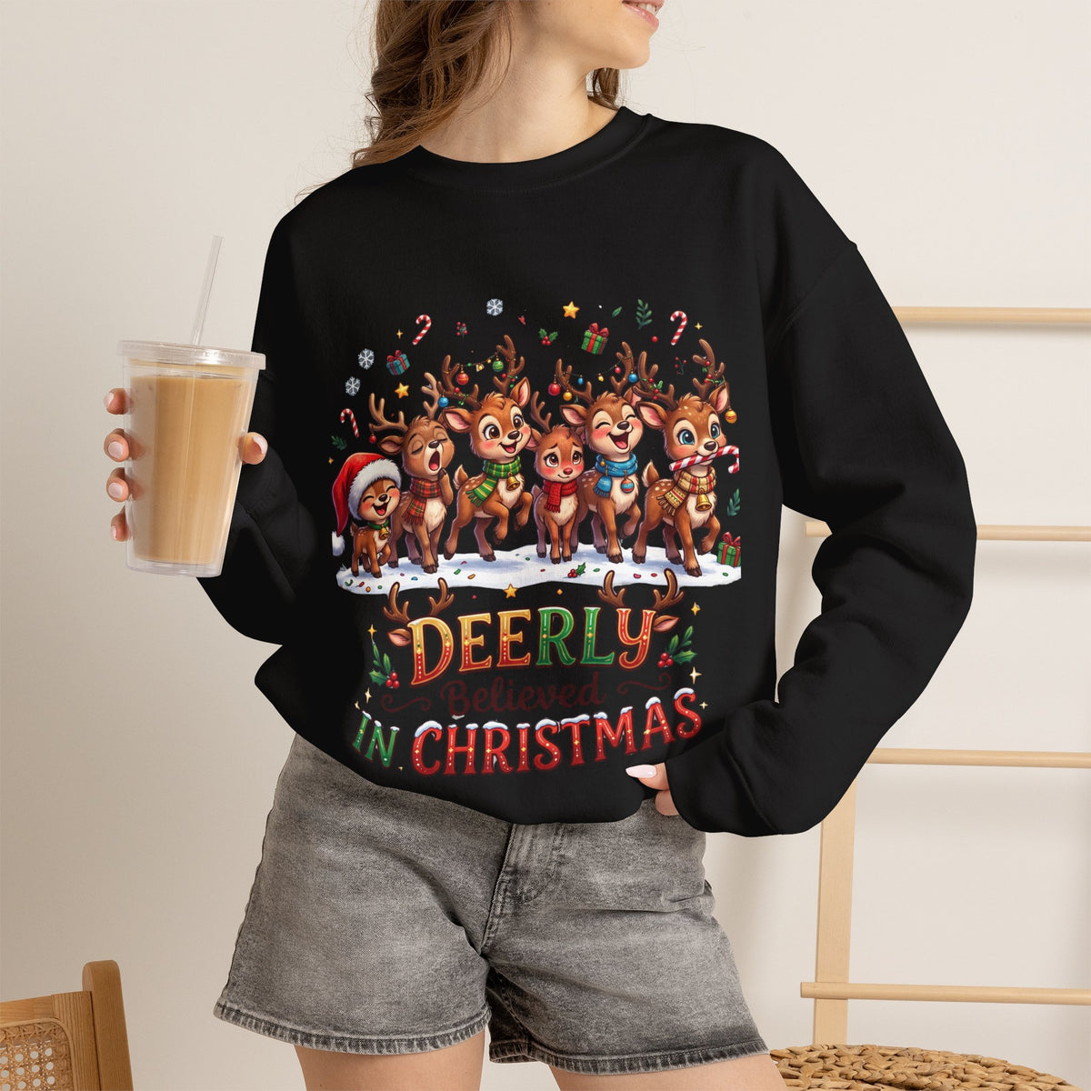 Christmas Reindeer Crewneck Sweatshirt — "Deerly Believed in Christmas" Holiday Pullover