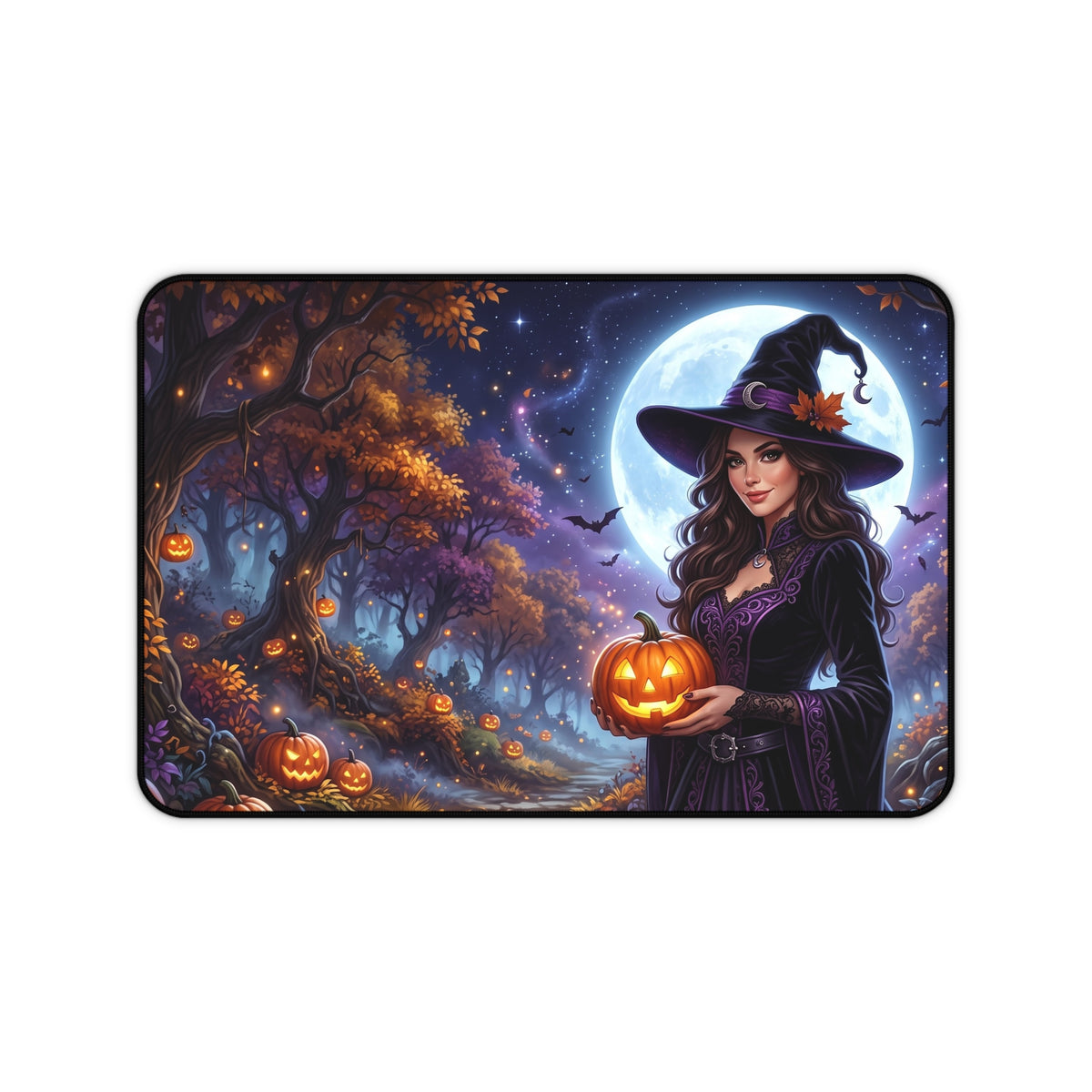 Halloween Witch Desk Mat — Moonlit Pumpkin Forest Mouse Pad