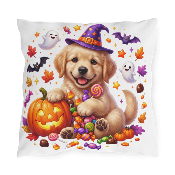 Halloween Puppy Pumpkin Outdoor Pillow — Cute Golden Retriever in Witch Hat