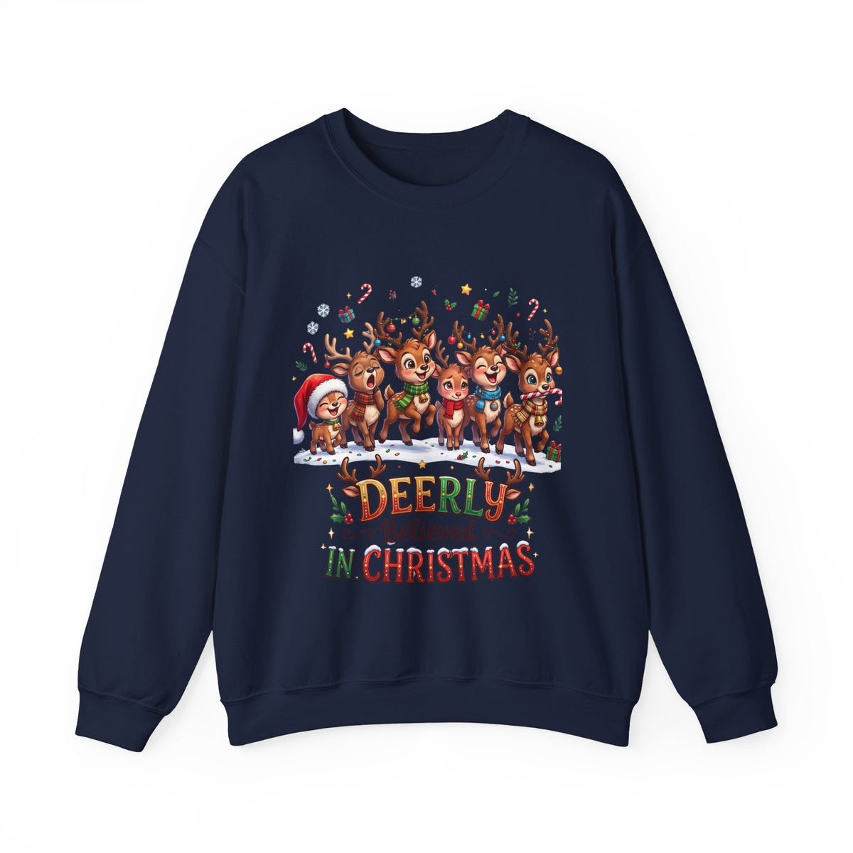 Christmas Reindeer Crewneck Sweatshirt — "Deerly Believed in Christmas" Holiday Pullover