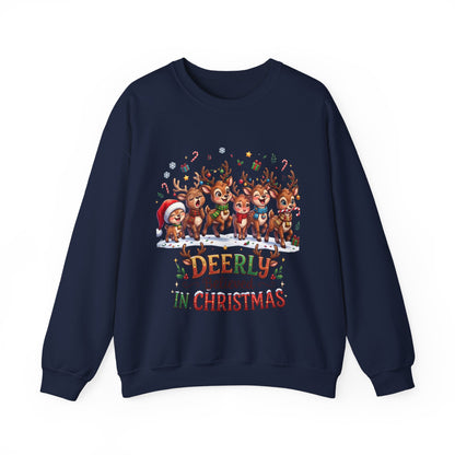 Christmas Reindeer Crewneck Sweatshirt — "Deerly Believed in Christmas" Holiday Pullover