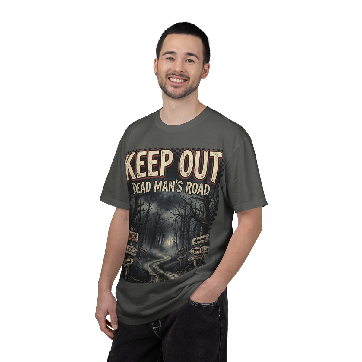 Keep Out "Dead Man's Road" T-Shirt — Spooky Haunted Forest Graphic Tee