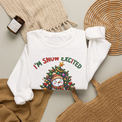 Christmas Sweatshirt – "I’m Snow Excited for Christmas" Cute Snowman Tree Holiday Crewneck