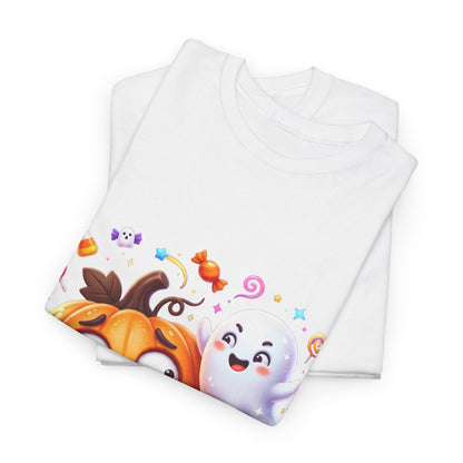 Cute Halloween Pumpkin & Ghost Tee — Scared Pumpkin Candy Graphic T-Shirt