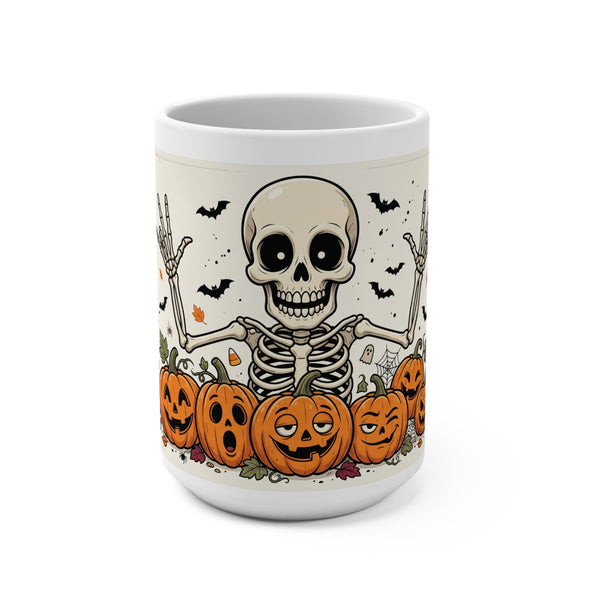 Halloween Skeleton & Jack-o'-Lantern 15oz Mug — Spooky Pumpkin Coffee Cup