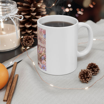 Cute Girl & Teddy Bear Floral Ceramic Mug (11oz, 15oz)