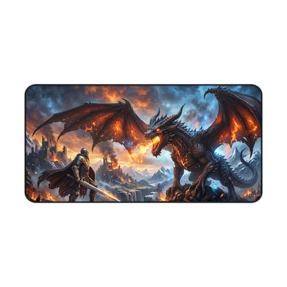 Dragon Battle Desk Mat — Fantasy Warrior vs. Fire Dragon Gaming Mouse Pad