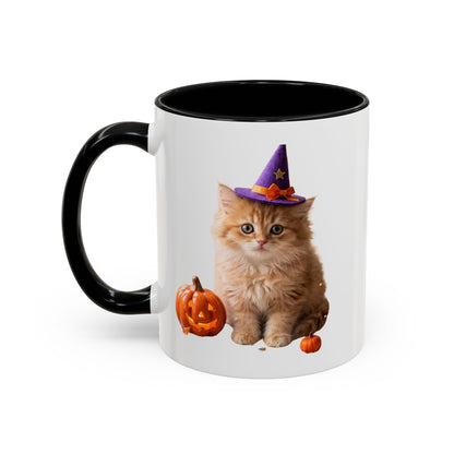 Halloween Cat Coffee Mug with Witch Hat and Pumpkin